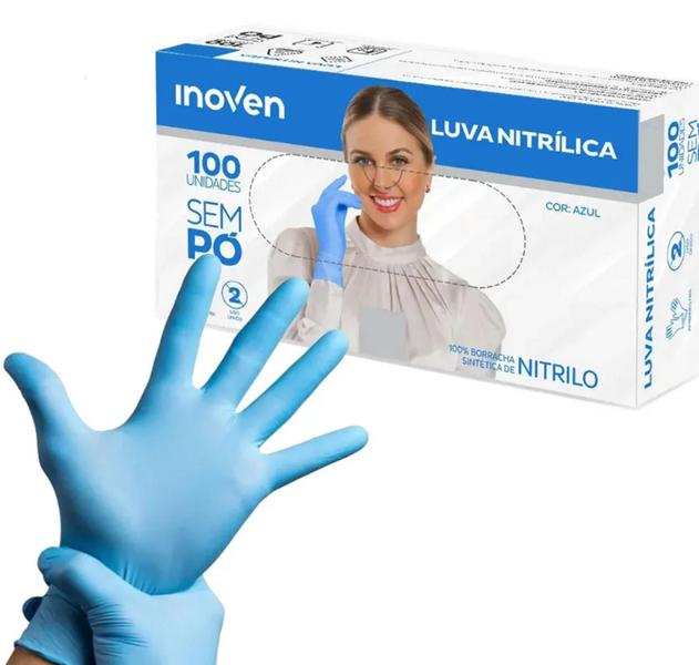 Imagem de 2 caixas Luvas Nitrílicas Inoven Azul Tamanhos P M Sem Pó 200 unidades