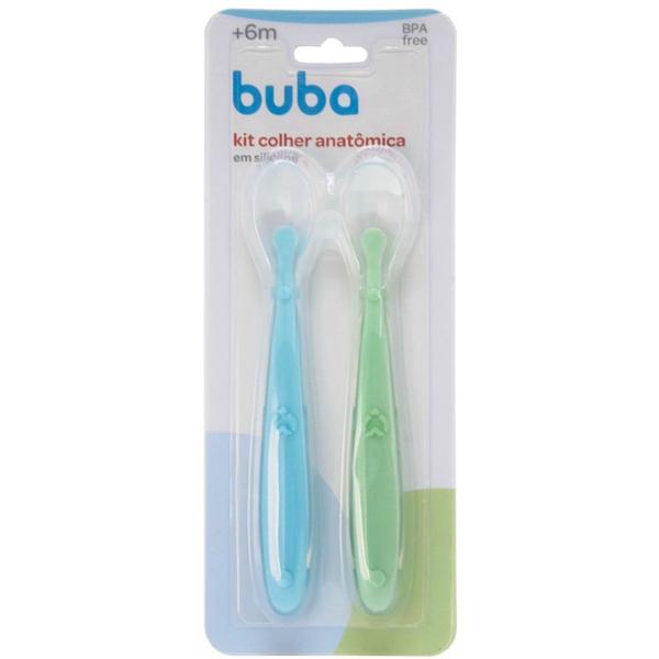 Imagem de 2 Colheres Silicone para Introdução Alimentar Bebê Mácia 23cm Buba Verde e Azul