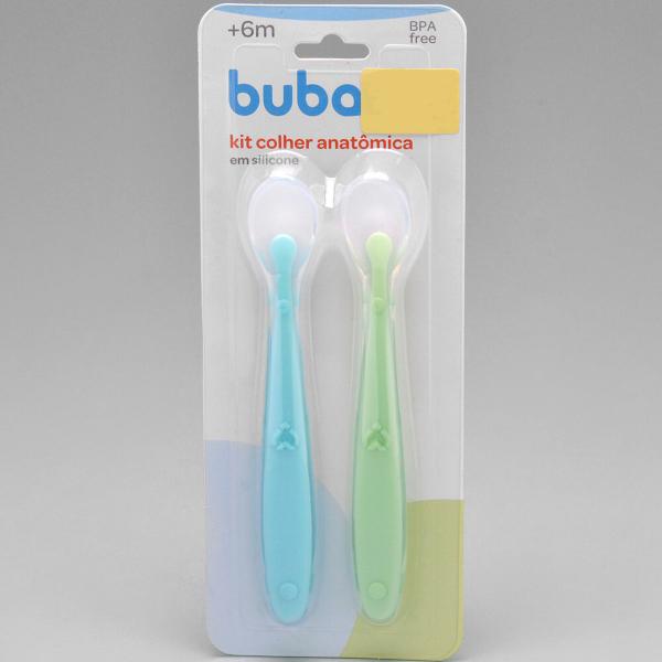 Imagem de 2 Colheres Silicone para Introdução Alimentar Bebê Mácia 23cm Buba Verde e Azul