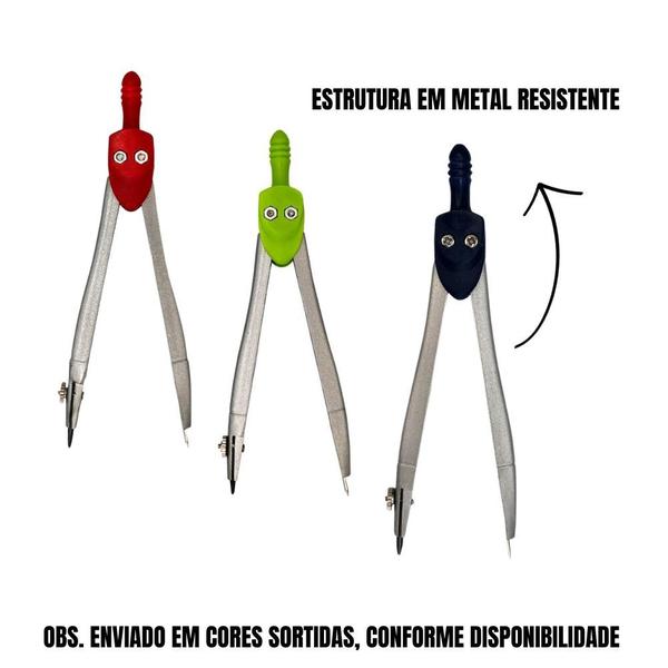 Imagem de 2 Compasso Escolar Metal Resistente 17 cm Desenho Geometria + 4 Pontas de Grafite Adicionais