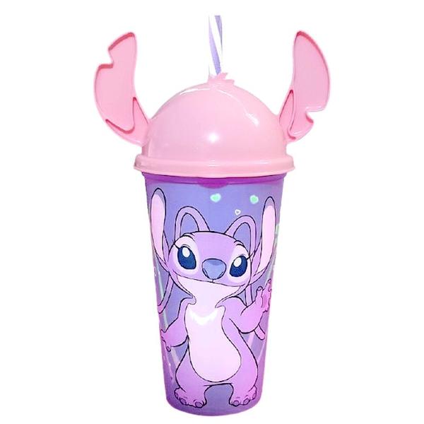 Imagem de 2 Copos Angel Stitch Rosa Infantil com Orelhas e canudo 500ml Original Plasútil