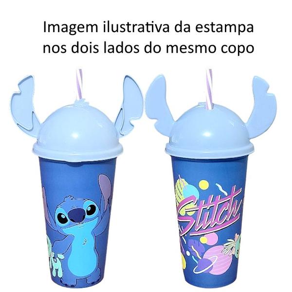 Imagem de 2 Copos Lilo Stitch Infantil com Orelhas e canudo 500ml Original Plasútil