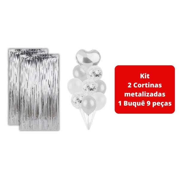 Imagem de 2 Cortinas Metalizadas Glitter e 9 Balões Látex Coração