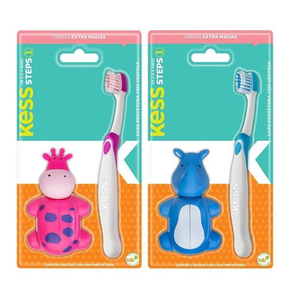 2 Escovas Dentais Rosa Infantil Steps c/ Capa Protetora Kess Imagem de 2 Escovas Dentais Rosa Infantil Steps c/ Capa Protetora Kess