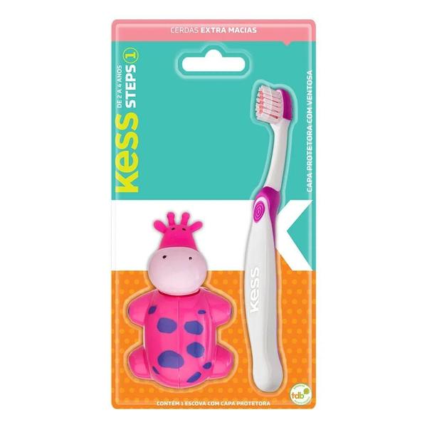 2 Escovas Dentais Rosa Infantil Steps c/ Capa Protetora Kess Imagem de 2 Escovas Dentais Rosa Infantil Steps c/ Capa Protetora Kess
