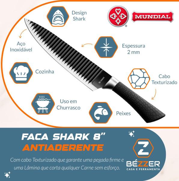 Imagem de 2 Facas Shark Inox 8 Pol Profissional antiaderente Cabo Texturizado para Cozinha Mundial