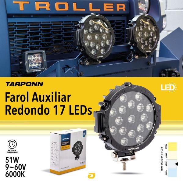 Imagem de 2 Farol Auxiliar Tarponn Redondo 17 LED 51W 9-60V 6000K Premium 