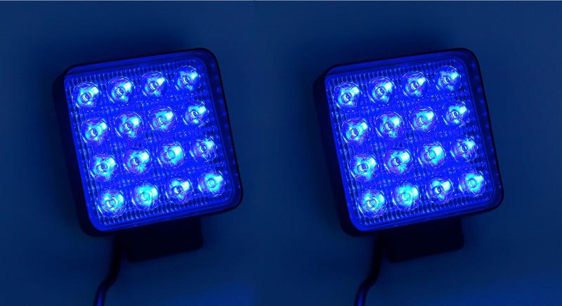 Imagem de 2 Farol de Milha Quadrado Led Luz Azul 16 Leds 48w Pulverizador Agricola Universal 12v 24v