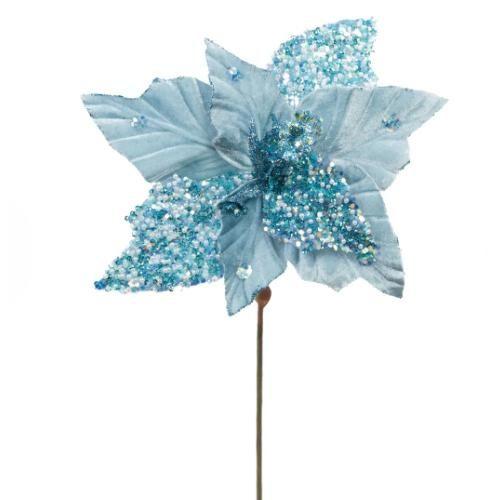 Imagem de 2 Flor Natalina Decorativa Azul Glitter Poinsetia