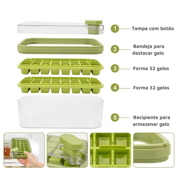 Imagem de 2 Forma Gelo Tampa 64 Cubos Bandeja Silicone Caixa e Colher