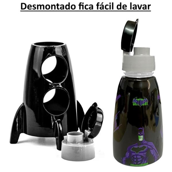 Imagem de 2 Garrafas de Água Formato Foguete Infantil Estampa do Batman 320ml Plasútil