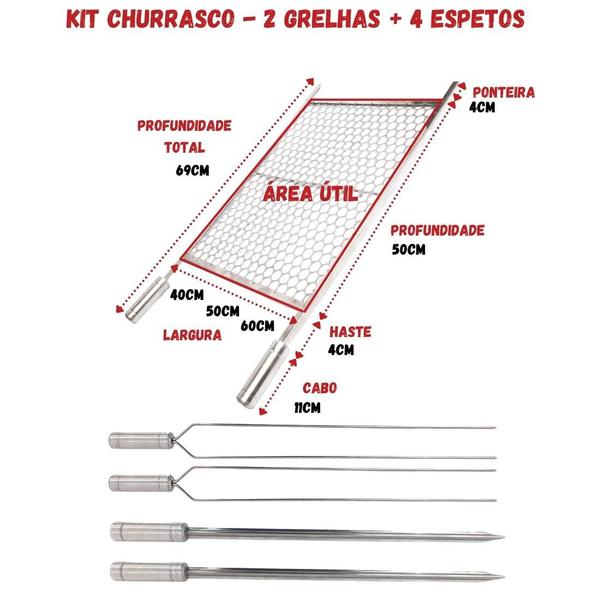 Imagem de 2 Grelhas Moeda Inox P/ Churrasco 69x40cm + 4 Espetos Inox