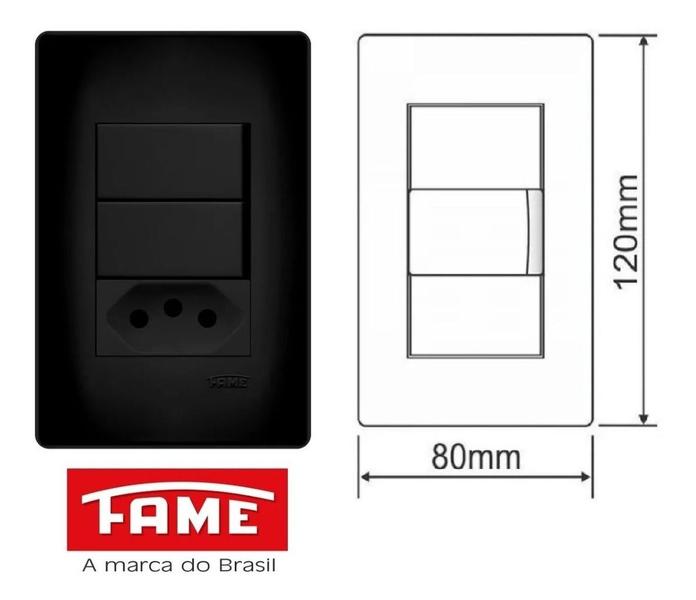 Imagem de 2 Interruptores Simples A16 e 1 Tomada Preta 2p+T 20a/250v Com Placa Suporte - FAME