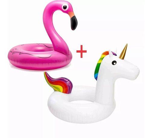 Imagem de 2 Kit Bóias Unicórnio Flamingo Infláveis Gigantes Porta Copo