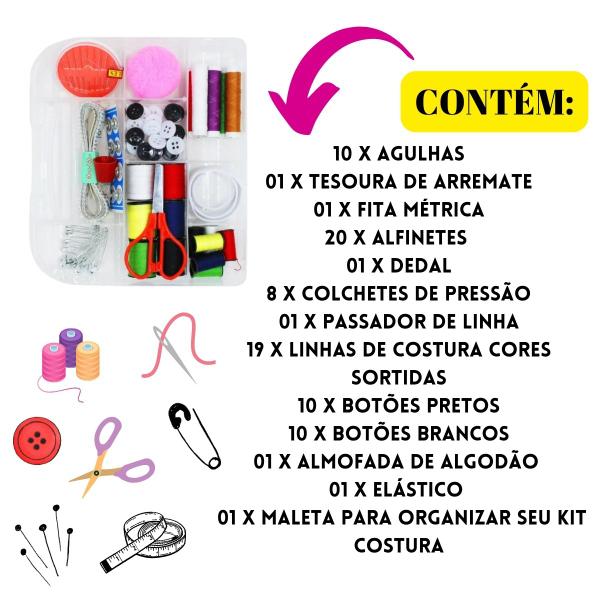 Imagem de 2 Kit Completo Costura Viagem Maleta organizadora para reparos com Agulha Linha Fita Metrica botão elasticos contem 84 peças variadas