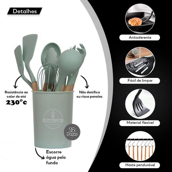 Imagem de 2 Kit Utensílios Cozinha Talheres Silicone Cabo de Madeira