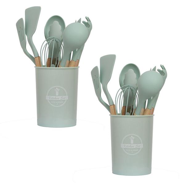 Imagem de 2 Kit Utensílios Cozinha Talheres Silicone Cabo de Madeira