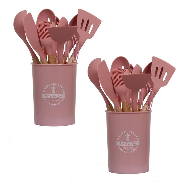 Imagem de 2 Kit Utensílios De Cozinha Silicone Várias Peças Cor Rosa