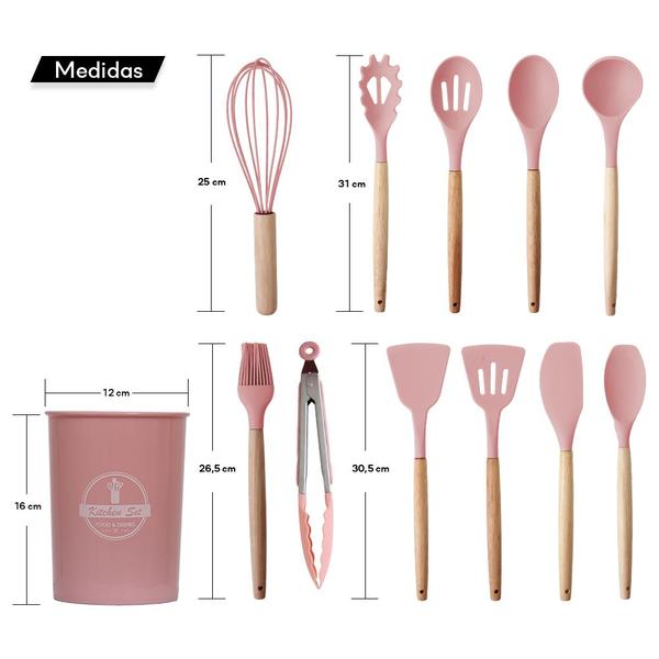 Imagem de 2 Kit Utensílios De Cozinha Silicone Várias Peças Cor Rosa