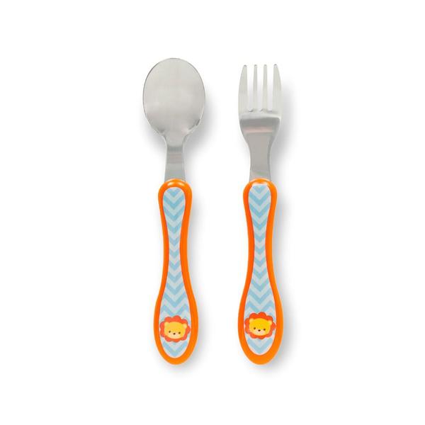 Imagem de 2 kits talher colher e garfo infantil bebe anatômico animal fun aço inoxidavel introdução alimentar menno menina buba