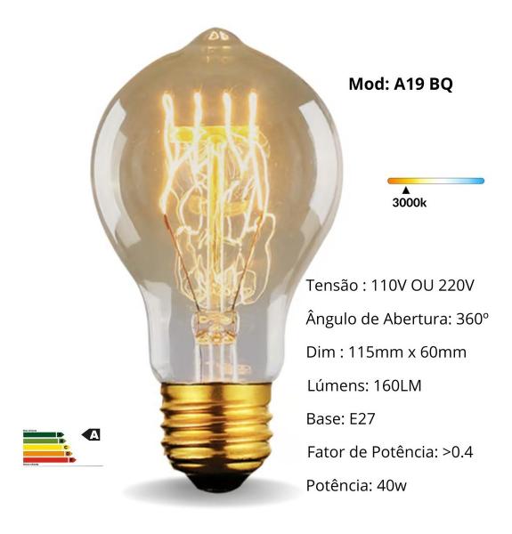 Imagem de 2 Lâmpada Filamento Carbono Bulbo A19 Vintage Retro Edison