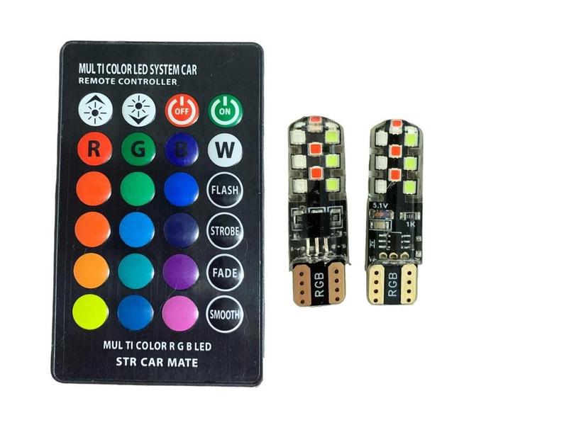 Imagem de 2 Lâmpada Smd Pingo T10 Rgb Led Colorido Com Controle S/ Fio