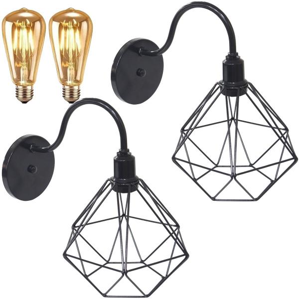 Imagem de 2 Luminárias Arandela de Parede Aramada Diamante P Industrial Retro + 2 Lâmpadas Led ST64 Vintage