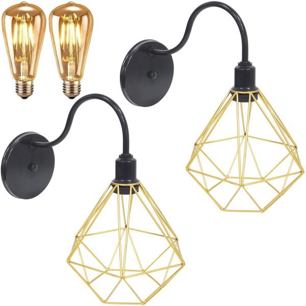 Imagem de 2 Luminárias Arandela de Parede Aramada Diamante P Industrial Retro + 2 Lâmpadas Led ST64 Vintage