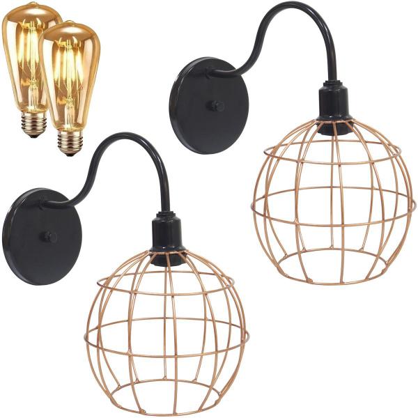 Imagem de 2 Luminárias Arandela de Parede Aramada Globo Industrial Retro + 2 Lâmpadas Led ST64 Vintage