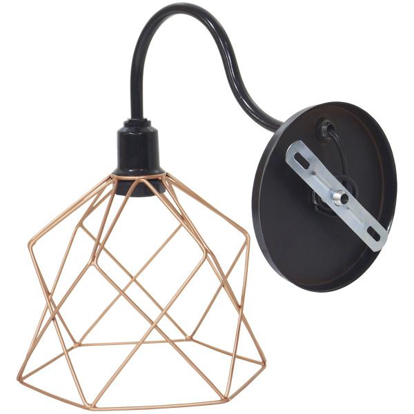 Imagem de 2 Luminárias Arandela Parede Aramada Cálice Industrial Retro + Lâmpadas Led Preto/Cobre Rose Gold