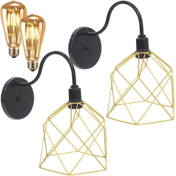 Imagem de 2 Luminárias Arandela Parede Aramada Cálice Industrial Retro + Lâmpadas Led Preto/Dourado