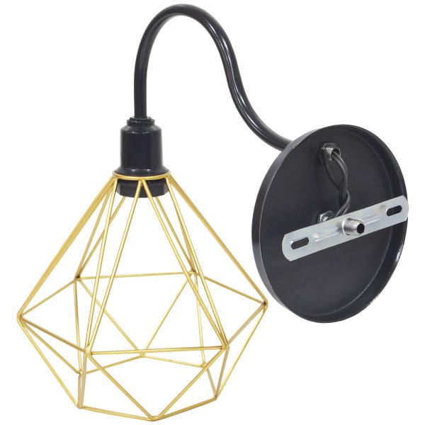 Imagem de 2 Luminárias Arandela Parede Aramada Diamante Industrial Retro + Lâmpadas Led Preto/Dourado