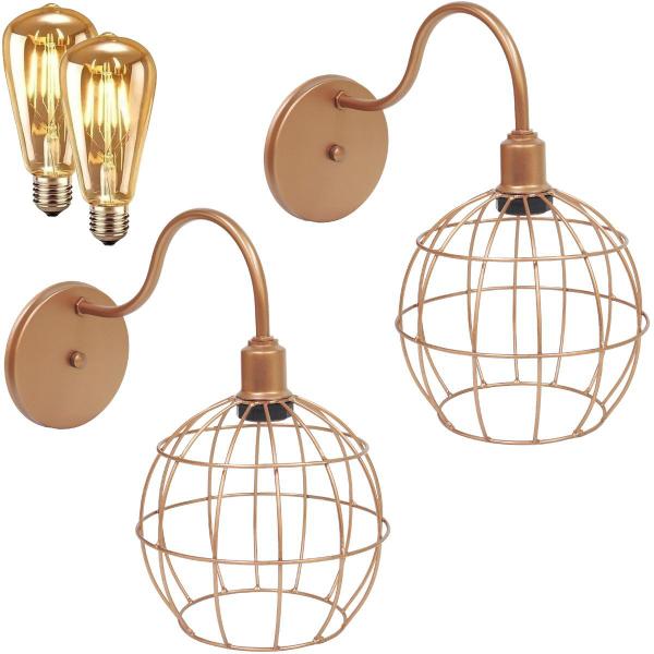 Imagem de 2 Luminárias Arandela Parede Aramada Globo Industrial Retro + Lâmpadas Led Cobre Rose Gold