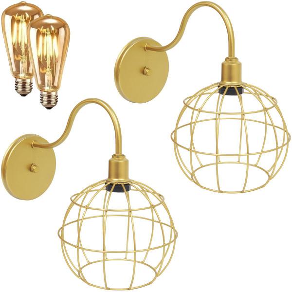 Imagem de 2 Luminárias Arandela Parede Aramada Globo Industrial Retro + Lâmpadas Led Dourado