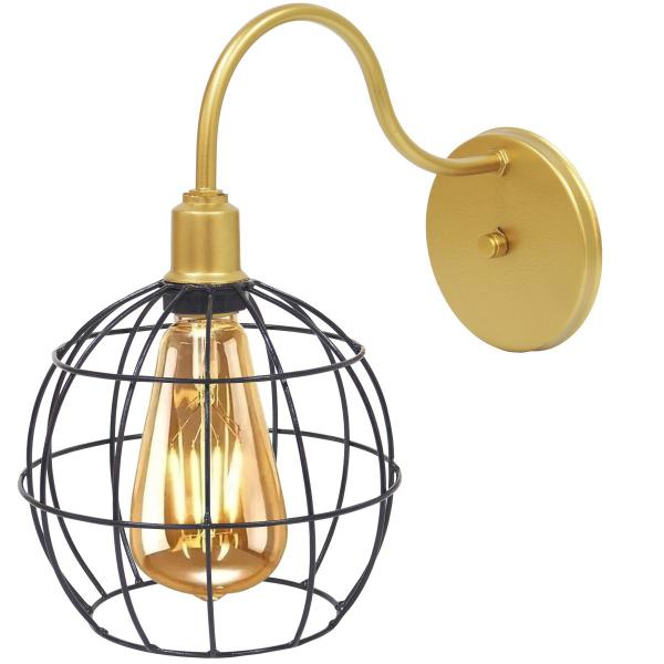 Imagem de 2 Luminárias Arandela Parede Aramada Globo Industrial Retro + Lâmpadas Led Dourado/Preto