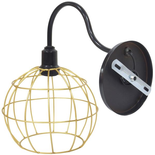 Imagem de 2 Luminárias Arandela Parede Aramada Globo Industrial Retro + Lâmpadas Led Preto/Dourado