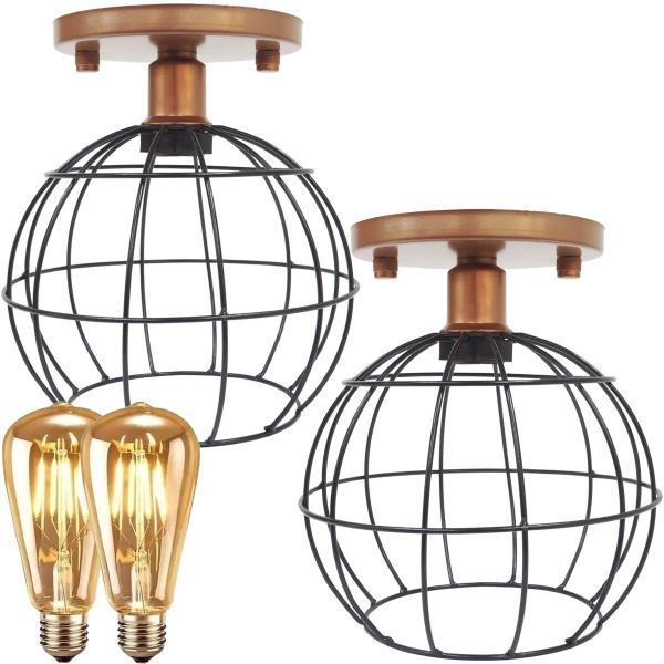 Imagem de 2 Lustre Teto Plafon + 2 Lâmpada Led St64 Industrial Aramado Globo Retrô Luminária Vintage