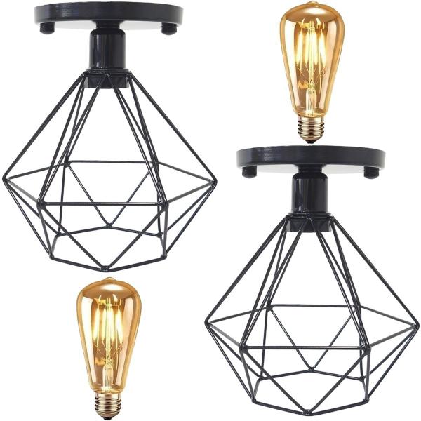 Imagem de 2 Lustres Teto Plafon + 2 Lâmpadas Led St64 Industrial Aramado Diamante Retrô Vintage Preto