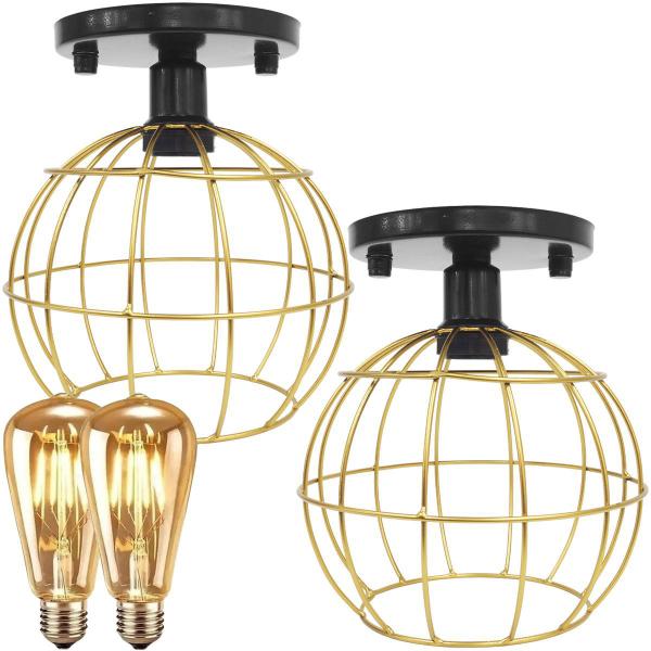 Imagem de 2 Lustres Teto Plafon + 2 Lâmpadas Led St64 Industrial Aramado Globo Dourado Retrô Vintage Preto