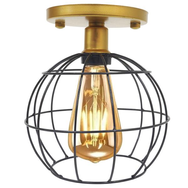 Imagem de 2 Lustres Teto Plafon + 2 Lâmpadas Led St64 Industrial Aramado Globo Preto Retrô Vintage Dourado