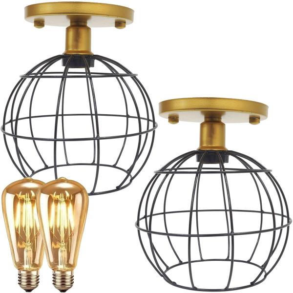 Imagem de 2 Lustres Teto Plafon + 2 Lâmpadas Led St64 Industrial Aramado Globo Preto Retrô Vintage Dourado