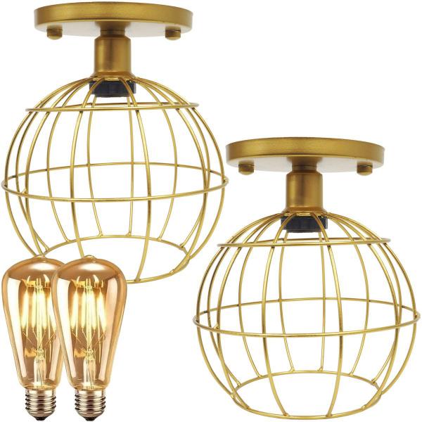 Imagem de 2 Lustres Teto Plafon + 2 Lâmpadas Led St64 Industrial Aramado Globo Retrô Vintage Dourado