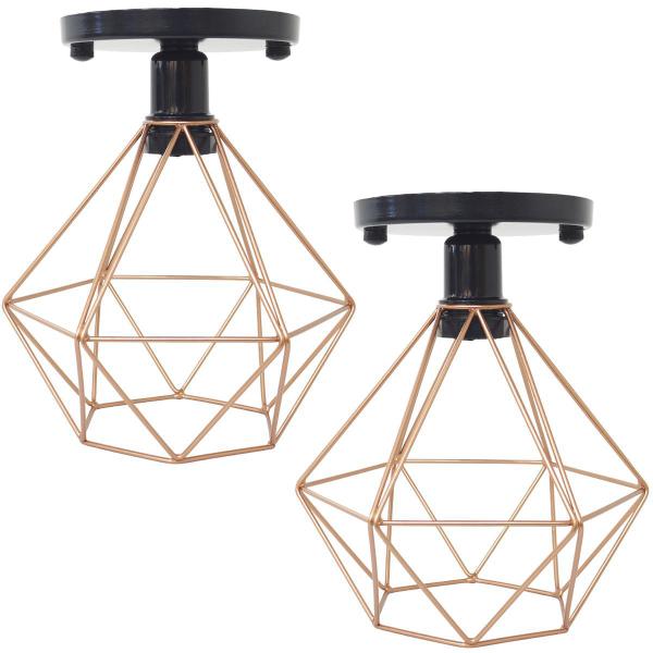 Imagem de 2 Lustres Teto Plafon Industrial Aramado Diamante Cobre Rose Retrô Luminária Vintage Preto Agp Ilumi