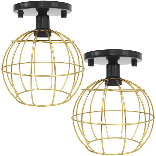 Imagem de 2 Lustres Teto Plafon Industrial Aramado Globo Dourado Retrô Luminária Vintage Preto Agp Ilumini