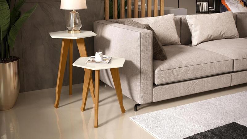 Imagem de 2 Mesas Lateral e Apoio Tampo Sextavado Pés em Madeira Desenhado Elegance cor off white - Comprar Moveis Em Casa