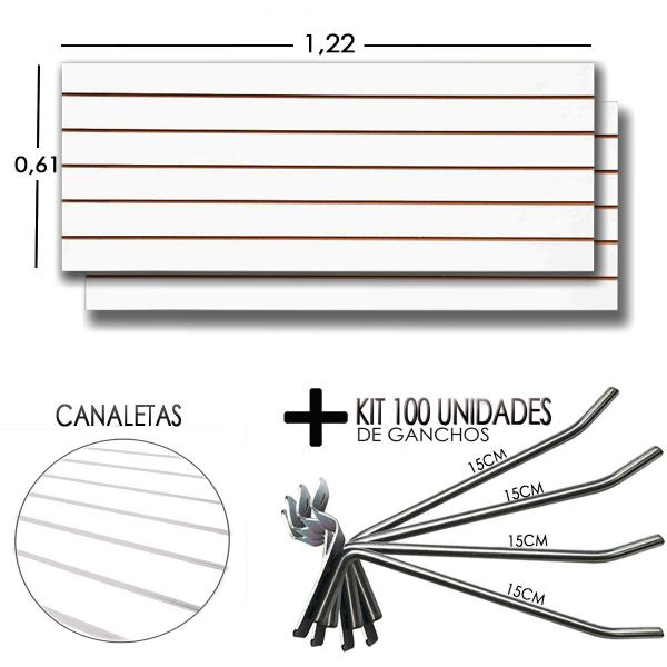 Imagem de 2 Paineis Canaletado - 1,22 x 0,61 + 100 Gancho 15cm + Canaletas BRANCAS