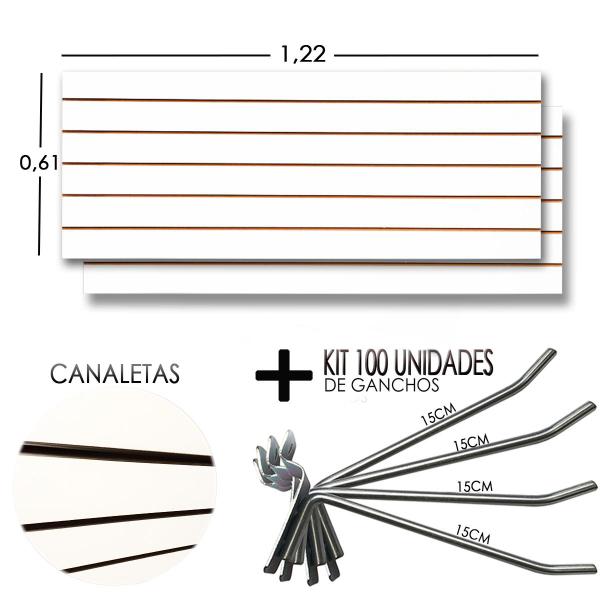 Imagem de 2 Paineis Canaletado - 1,22 X 0,61 + 100 Gancho 15cm + Canaletas Preto