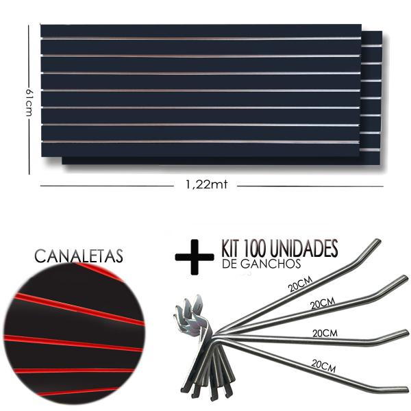 Imagem de 2 Paineis Canaletado - 1,22 x 0,61 + 100 Gancho 20cm + Canaletas VERMELHA