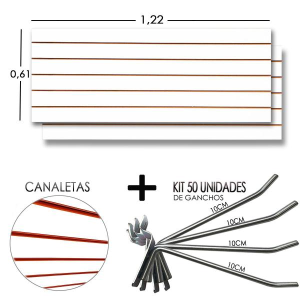 Imagem de 2 Paineis Canaletado - 1,22 x 0,61 + 50 Gancho 10cm + Canaletas Laranja