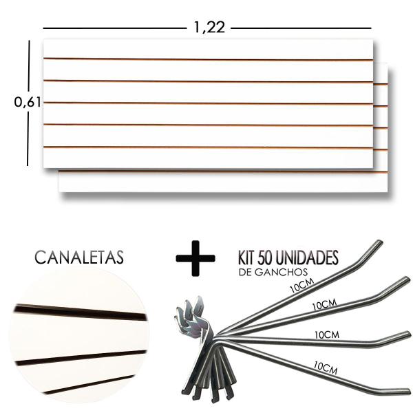 Imagem de 2 Paineis Canaletado - 1,22 x 0,61 + 50 Gancho 10cm + Canaletas Preto